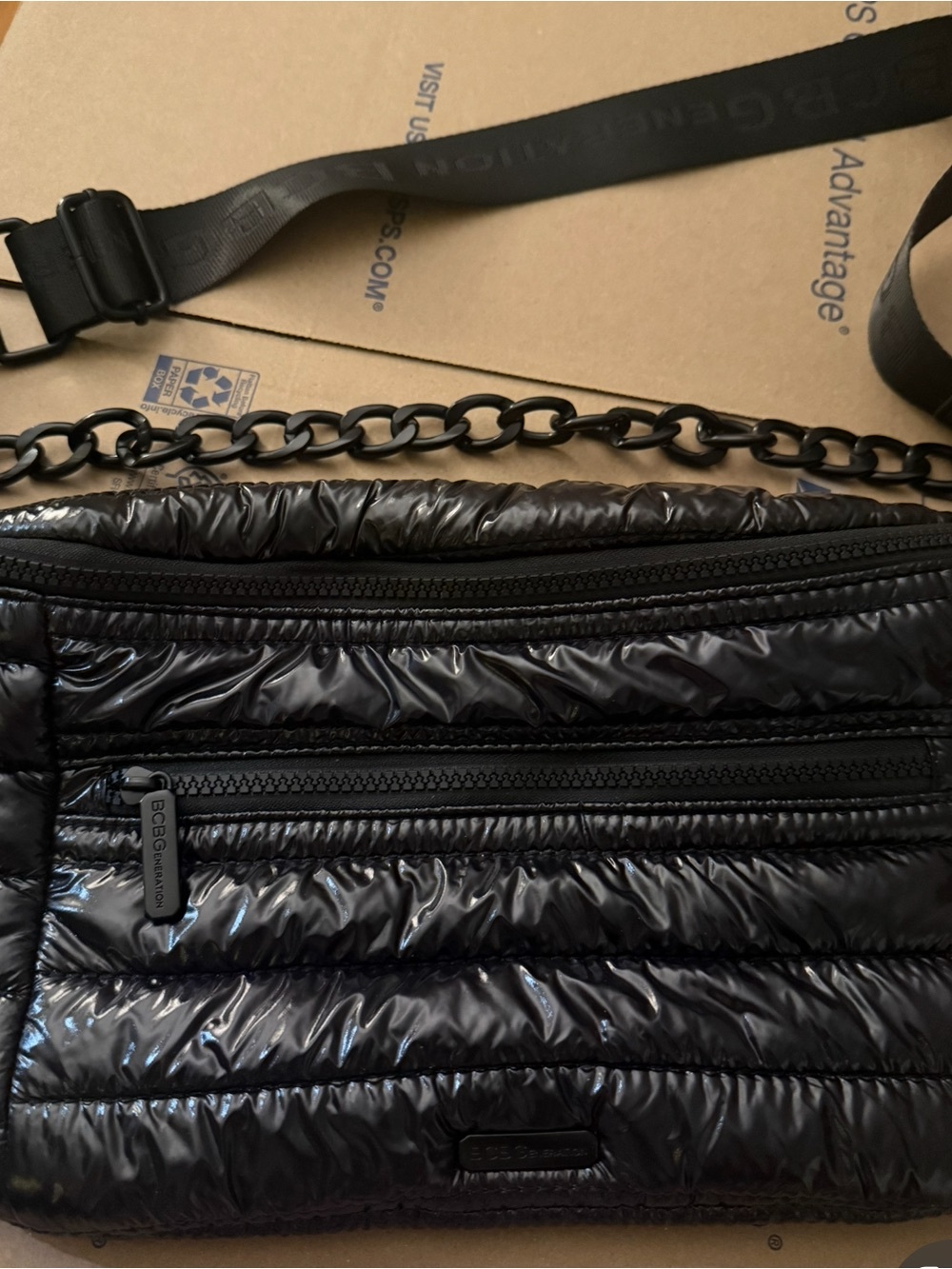 BCBG Black Quilted Shiny Crossbody Bag with Chain Strap